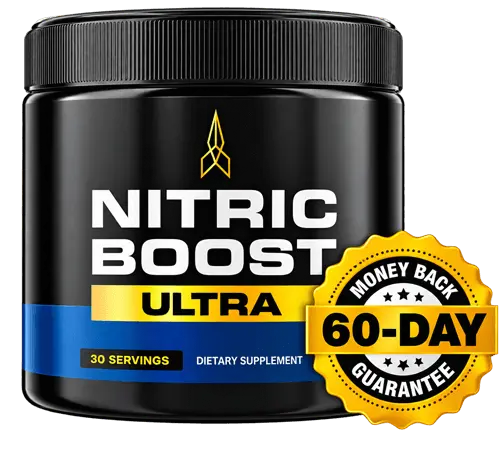 Nitric Boost Ultra jar shown with yellow botanical-themed background in the supplied product image